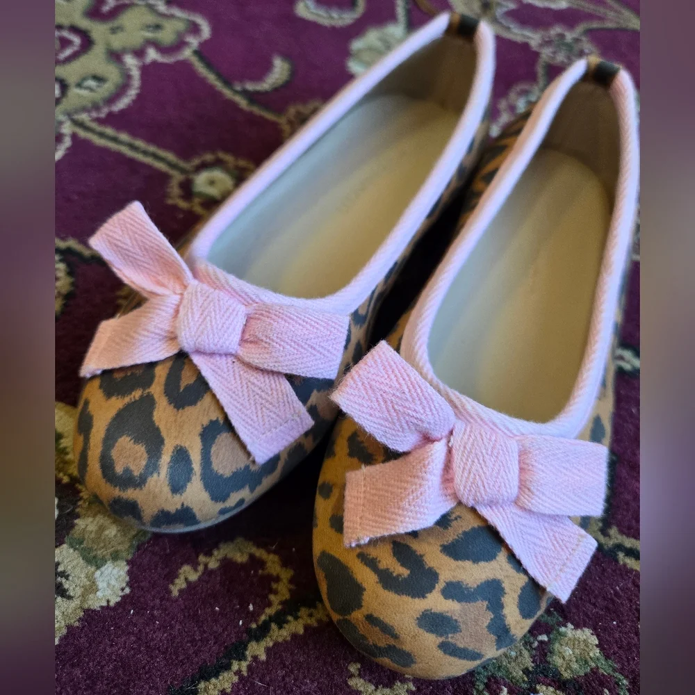 Elephantino Leopard Print Kids Shoes with Pink Bow, Size 11